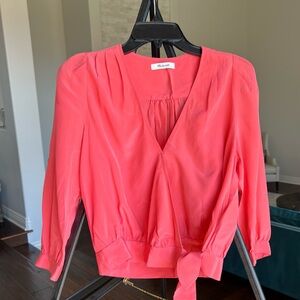 Madewell Orange Pink 3/4 Sleeve Tie Front Blouse